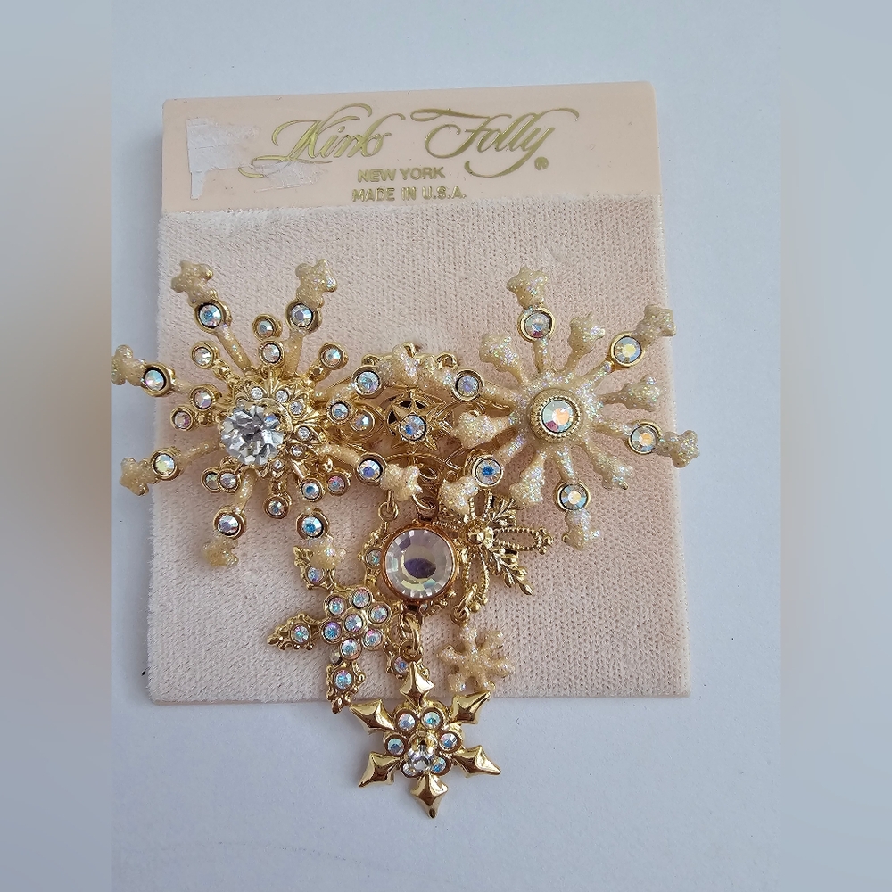 Vintage Kirks Folly Snowflake Dangle Brooch Pin AB Crystals Gold Tone Signed